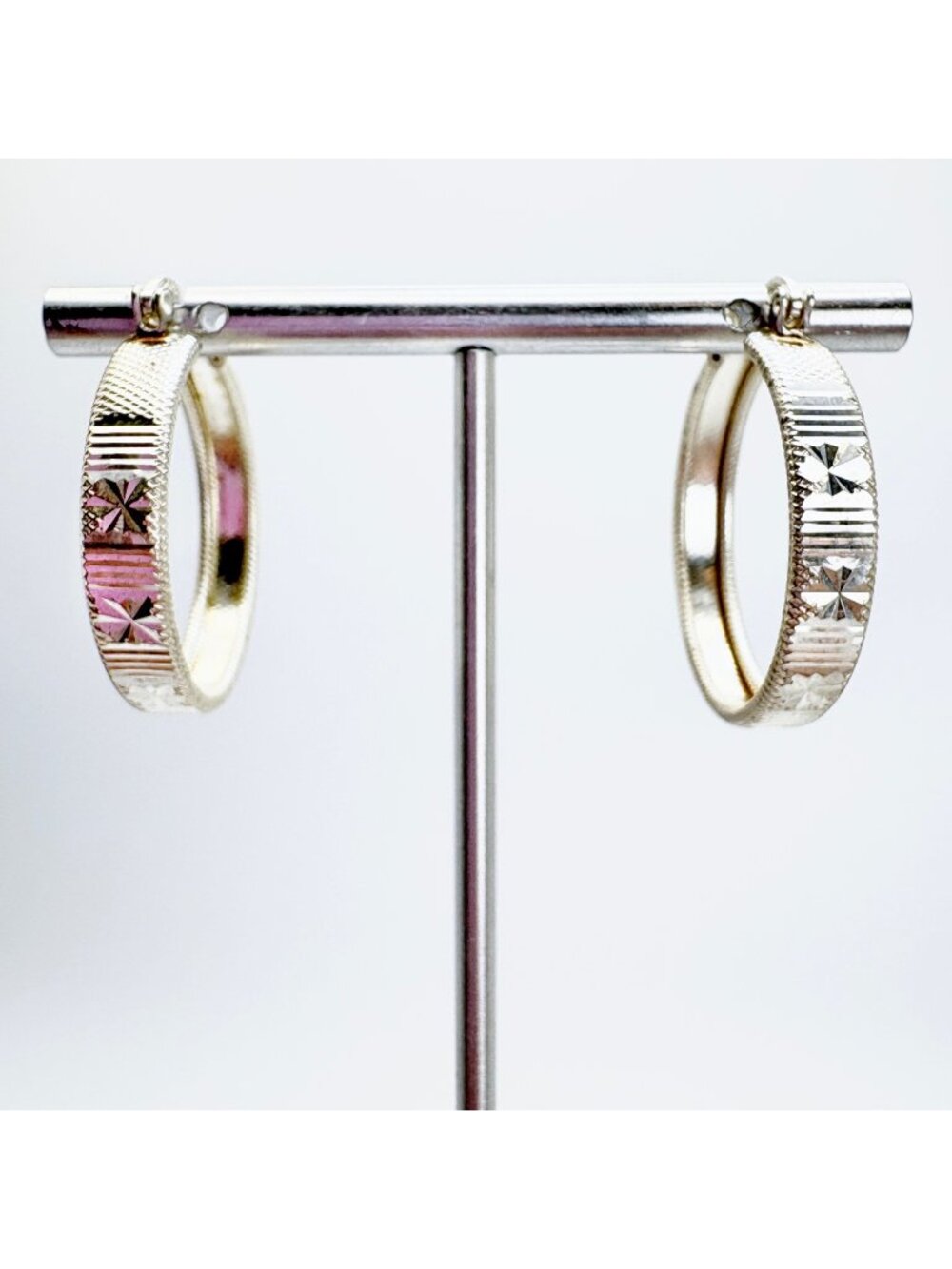 Etched Texture Hoop Earrings Hinged Posts Sterling Silver 925 Size 1" Diameter